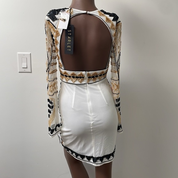 Starlet London Selena Embellished Plunge Mini Dress Sequins White Gold 2 New - Picture 8 of 15